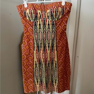 Strapless Patterned Sheath Dress in Orange and Cream